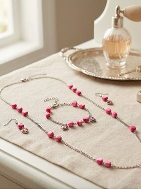 Pink Heart Bead Necklace, Bracelet & Earring Set - Women Jewelry